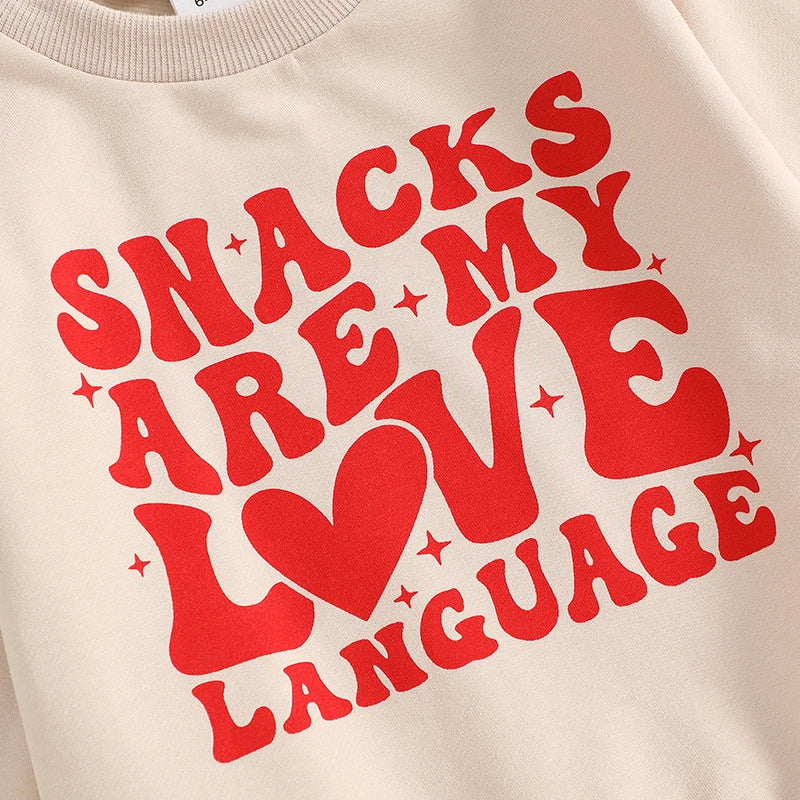 Baby Toddler Boys Girls 2Pcs Snacks Are My Love Language Valentine's Day Outfit Letter Print Long Sleeve Top and Elastic Pants Jogger Set Valentines