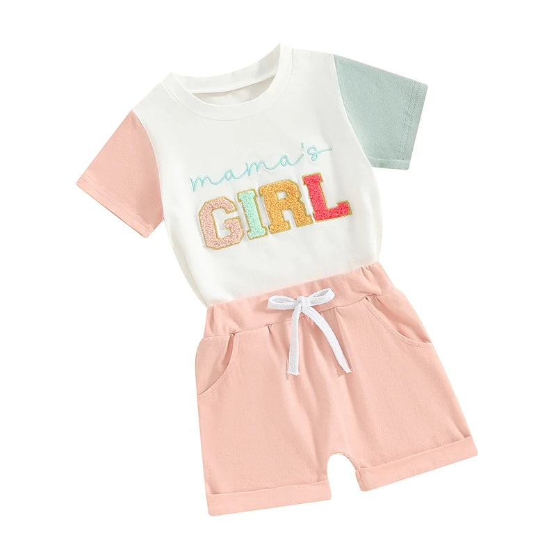 Baby Toddler Girl 2Pcs Mama's Girl Letter Embroidery Short Sleeve Round Neck Top with Solid Color Shorts Set