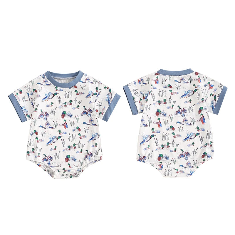 Baby Boy Romper Short Sleeve Crew Neck Duck Bird Print Jumpsuit