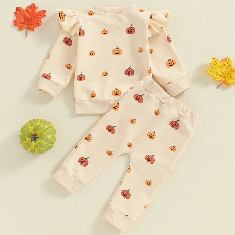 Baby Toddler Girls 2Pcs Fall Halloween Outfit Pumpkin Print Long Sleeve Frilly Shoulder O-Neck Pullover with Elastic Waist Pants Set