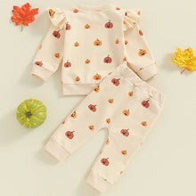 Load image into Gallery viewer, Baby Toddler Girls 2Pcs Fall Halloween Outfit Pumpkin Print Long Sleeve Frilly Shoulder O-Neck Pullover with Elastic Waist Pants Set
