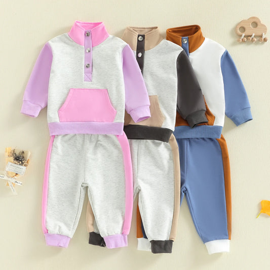 Baby Toddler Boys Girls 2Pcs Clothing Jogger Set Contrast Color Long Sleeve Collar Quarter Button Up Pullover with Pants Outfit