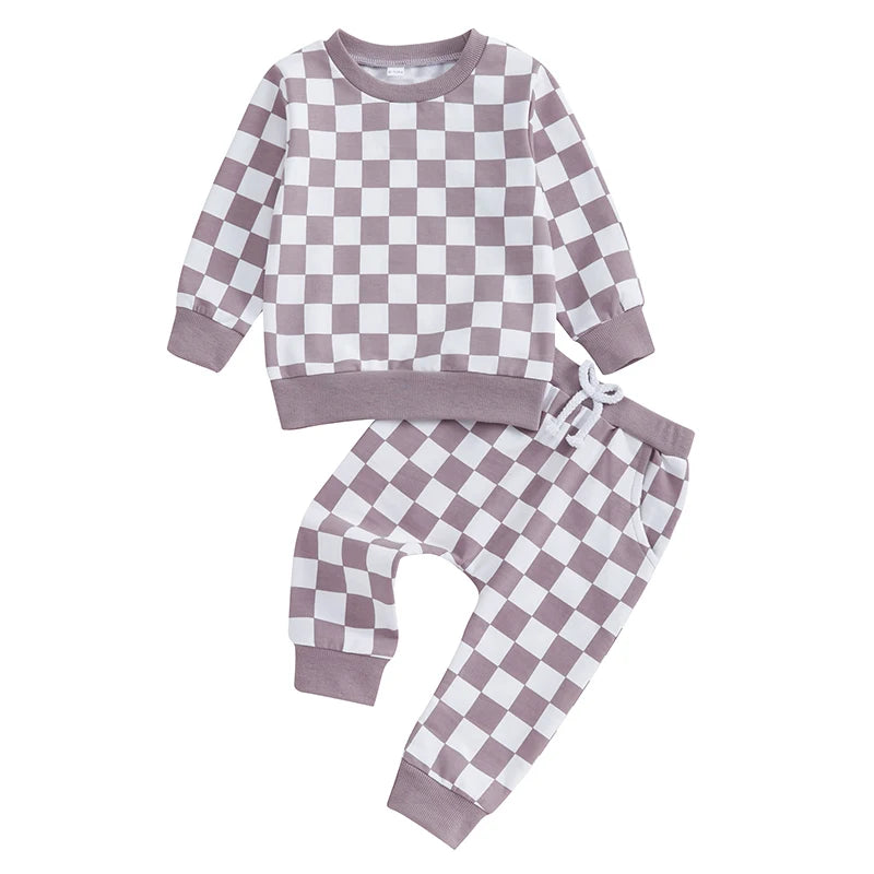 Baby Toddler Girls 2Pcs Fall Sets Long Sleeve O Neck Checkerboard Print Top Drawstring Pants Jogger Set