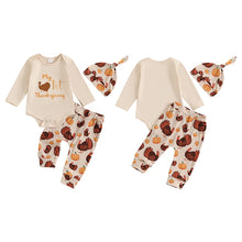 Load image into Gallery viewer, Baby Girls Boys 3Pcs My 1st First Thanksgiving Outfit Letter Print Long Sleeve Romper with Turkey Pattern Pants Set
