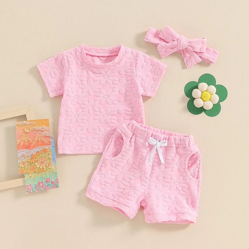 Baby Toddler Girls 3Pcs Flower Pattern Fabric Short Sleeve Top with Elastic Waist Shorts with Hairband Outfit Set