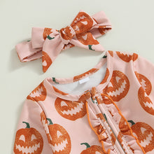 Load image into Gallery viewer, Baby Girl 2 Pcs Halloween Jumpsuit with Headband Pumpkin Print Long Sleeve Front Zipper Romper
