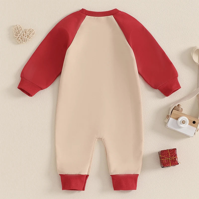 Baby Boys Lover Boy Valentine's Day Romper Heart Letter Embroidery Long Sleeve Crew Neck Raglan Valentines Jumpsuit