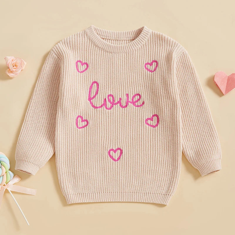 Toddler Kids Girls Pullover Sweater Casual Valentine s Day Letter Love Heart Embroidery Infant Knitwear Warm Clothes