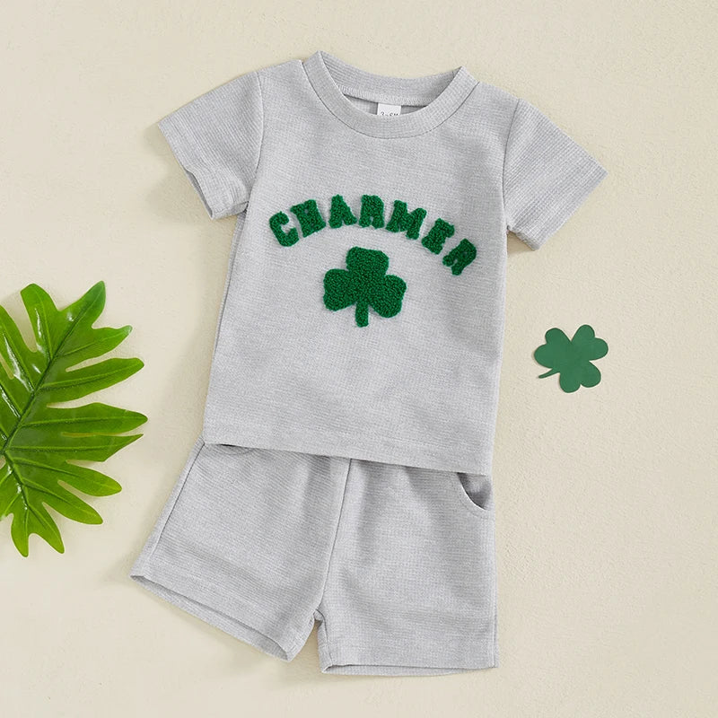 Baby Toddler Boys Girls 2Pcs St. Patrick's Day Clover Charmer Waffle Short Sleeve Shirt Top Spring and Shorts Set Clothes