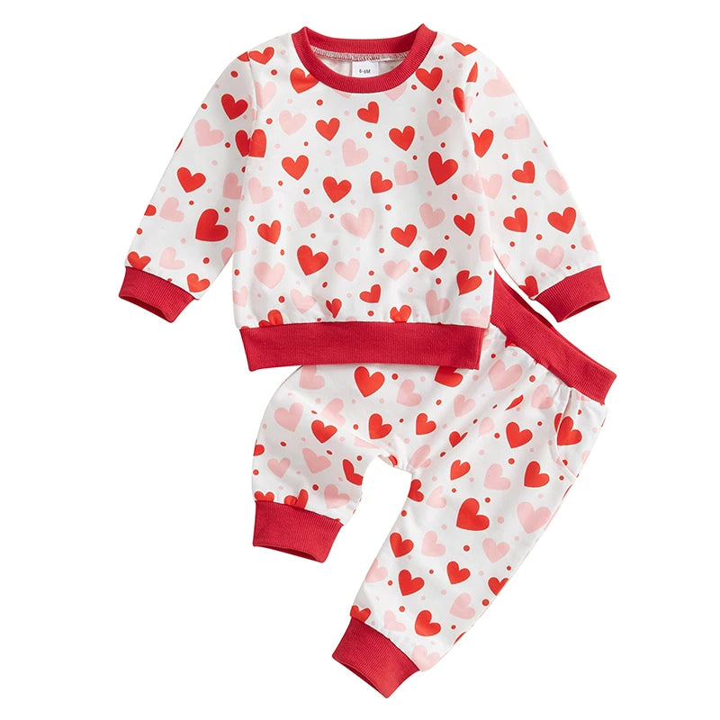 Baby Toddler Girls 2Pcs Valentines Outfit Heart Print Long Sleeve Crewneck Top with Long Jogger Pants Valentine's Day Set