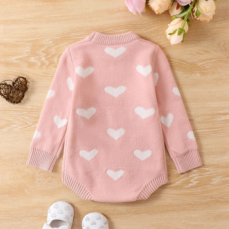 Baby Toddler Girl Knit Sweater Romper Long Sleeve Heart Print Jumpsuit Valentine's Day