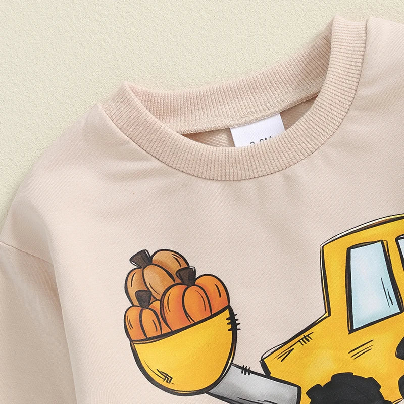 Baby Toddler Boys 2Pcs I Dig Fall Halloween Thanksgiving Outfit Tractor Pumpkin Print Long Sleeve Crew Neck Top and Elastic Pants Set