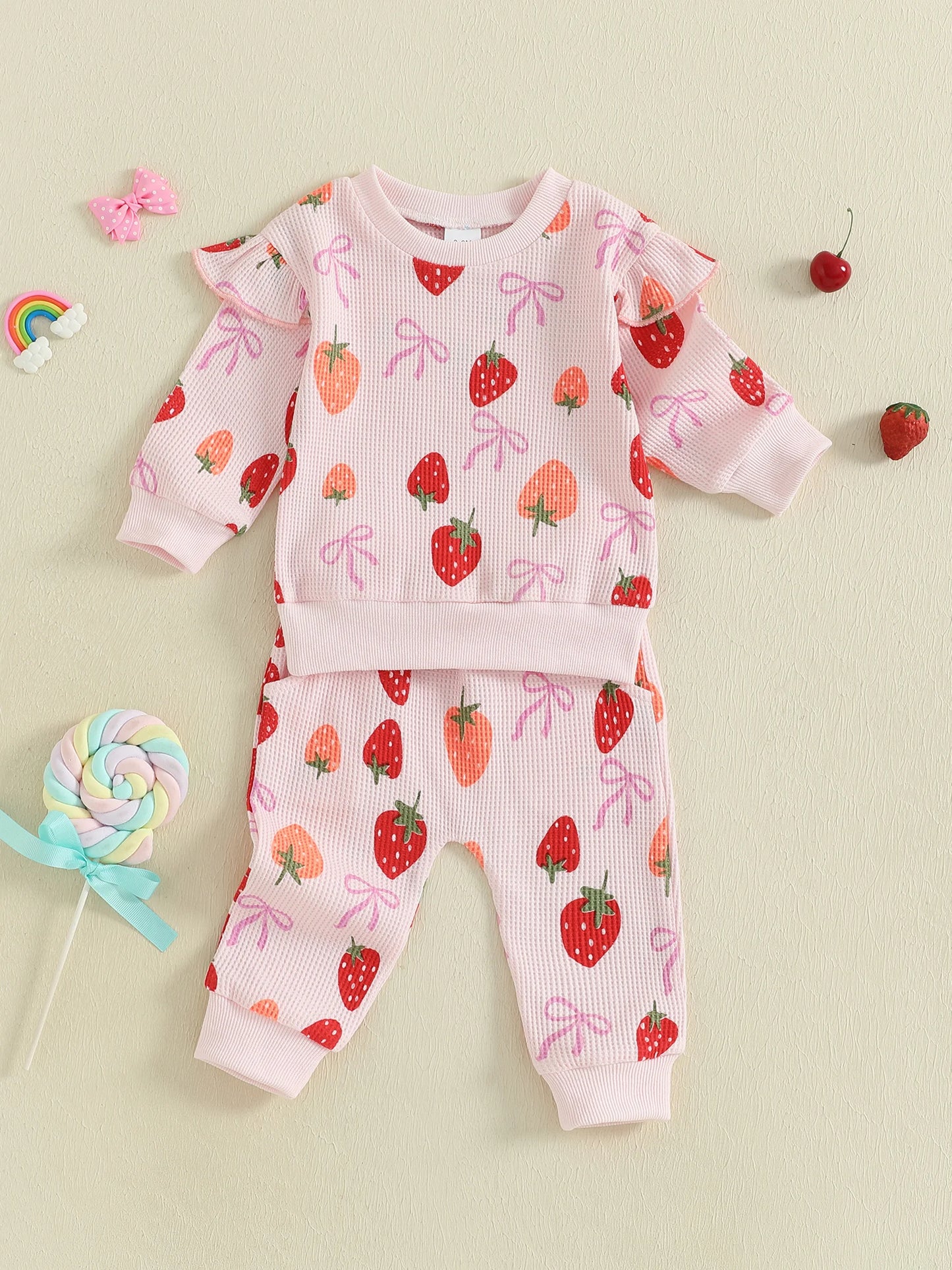 Baby Toddler Girls 2Pcs Fall Set Fashionable Strawberry Print Long Sleeve Pullover Top Bow Jogger Pants Outfit