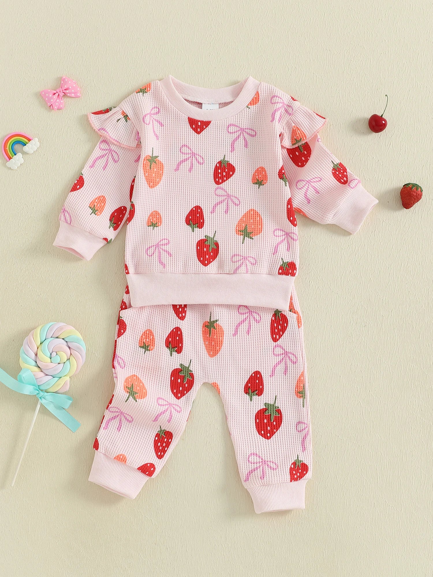 Baby Toddler Girls 2Pcs Fall Set Fashionable Strawberry Print Long Sleeve Pullover Top Bow Jogger Pants Outfit