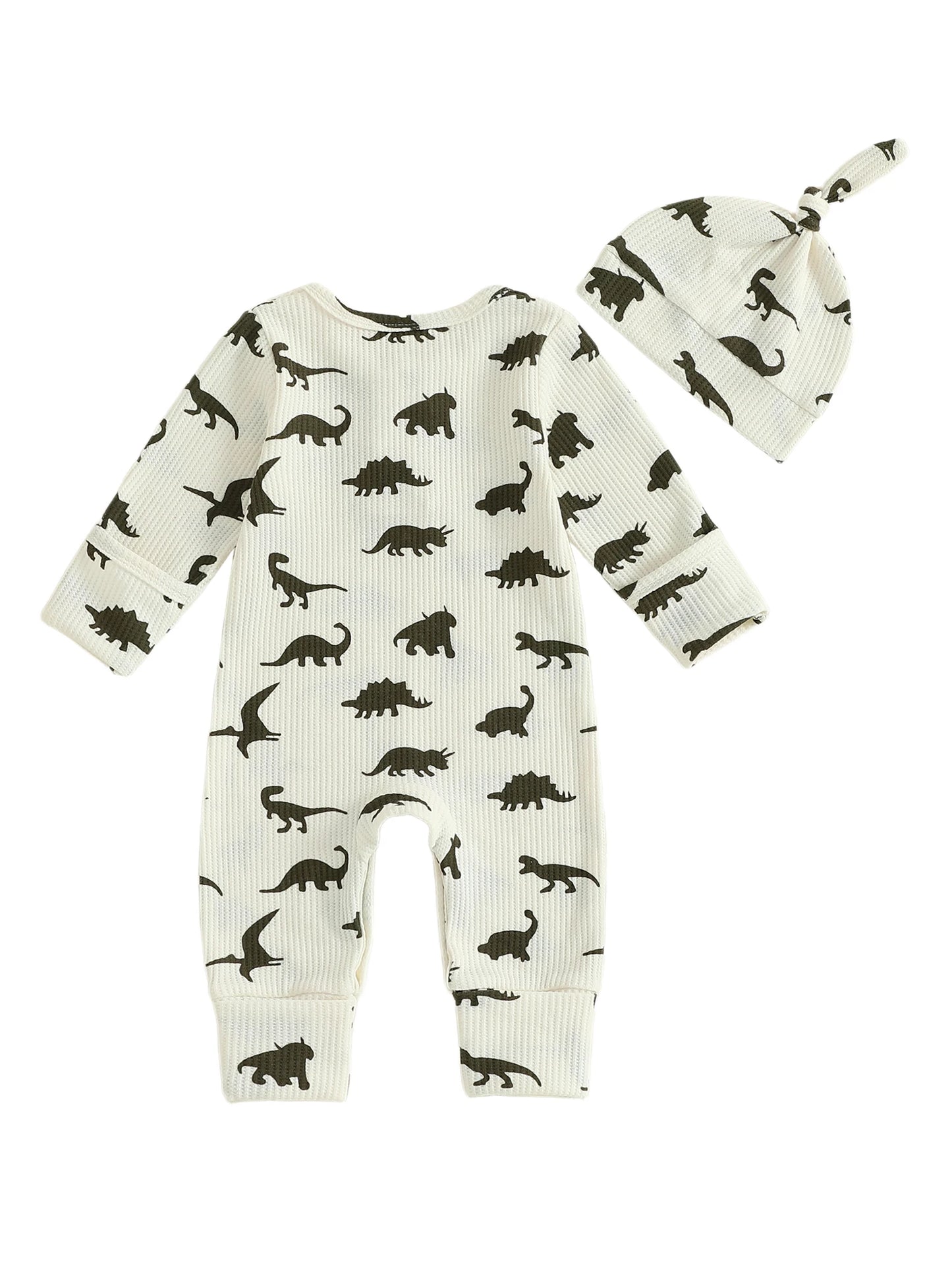 Baby Boys Girls 2Pcs  Jumpsuit Set Long Sleeve Crew Neck Dinosaur Print Fall Casual Romper with Hat