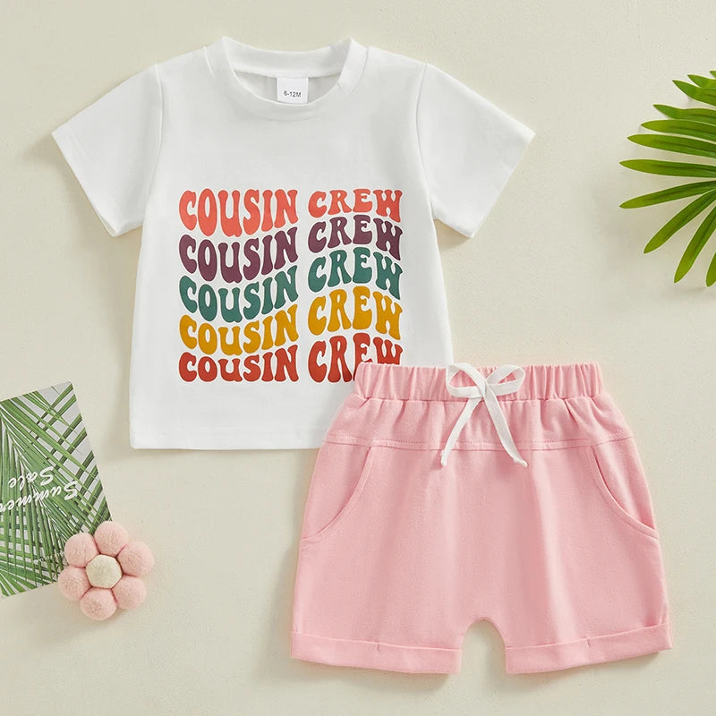 Toddler Baby Girl Boy 2Pcs Cousin Crew Summer Outfits O-Neck Short Sleeve Letter Print Top + Elastic Waist Shorts Set Matching Family Cousins