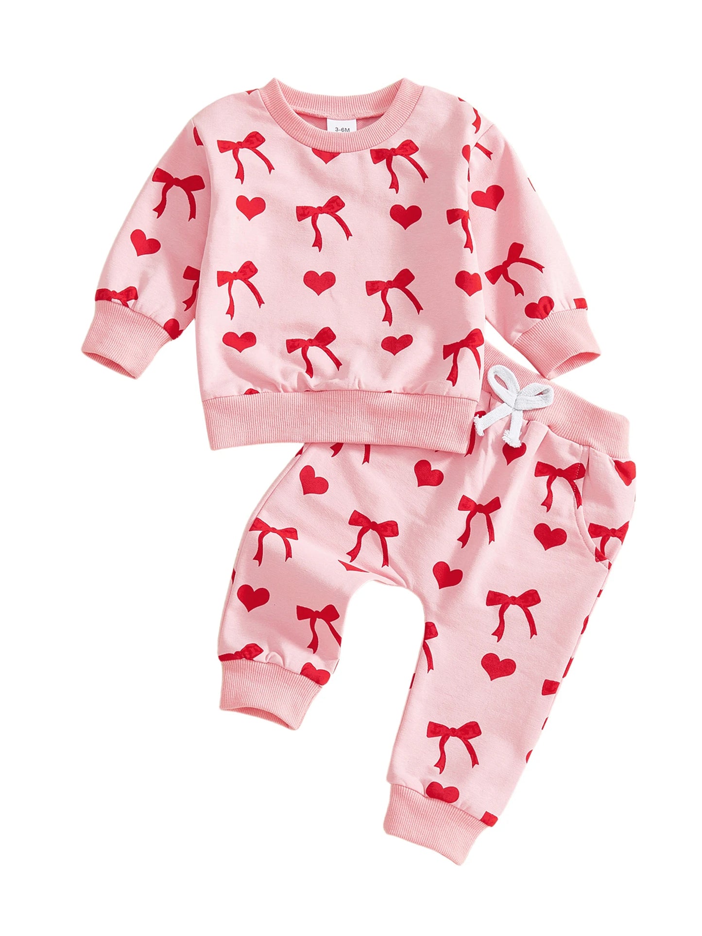 Baby Toddler Girls 2Pcs Valentines Day Outfit Heart Bow Print Long Sleeve Top and Pants Jogger Set