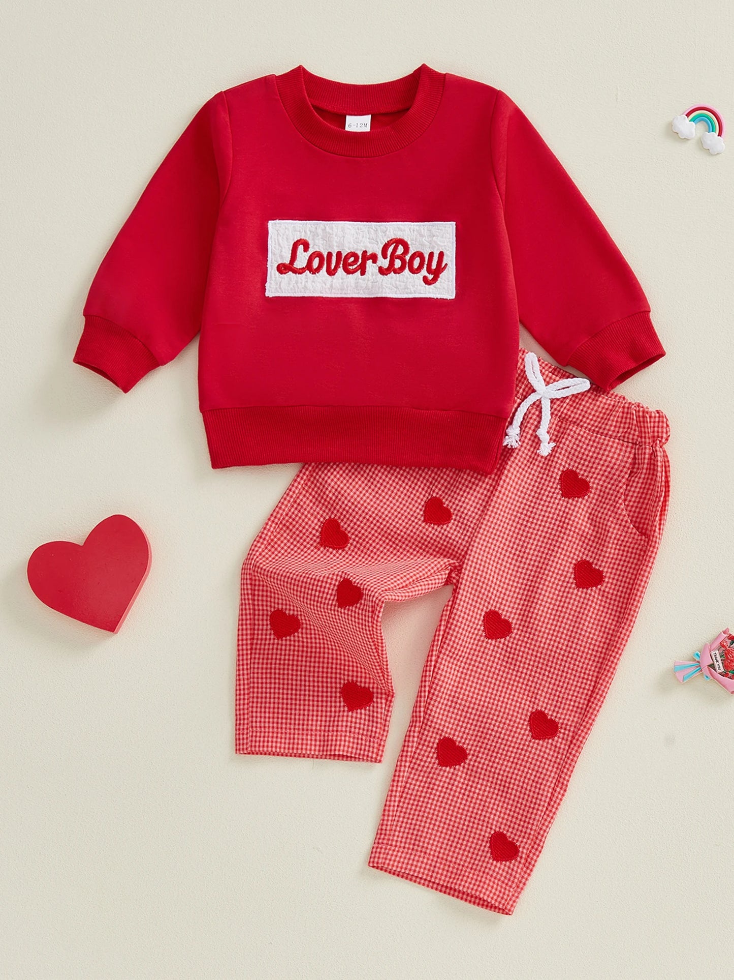 Baby Toddler Boys 2Pcs Lover Boy Valentine's Day Outfit Fashionable Long Sleeve Letters Embroidery Pullover with Plaid Heart Print Pants 2Pcs Clothing Set