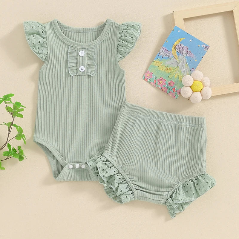 Baby Girl 2Pcs Spring Summer Outfits Round Neck Buttons Eyelet Fly Sleeve Frilly Romper Elastic Waist Shorts Clothes Set