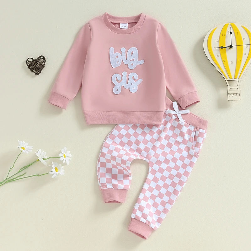 Baby Toddler Kids 2Pcs Big Sis / Bro Fall Outfit Long Sleeve Letter Embroidery Pullover + Checkered Pants Set