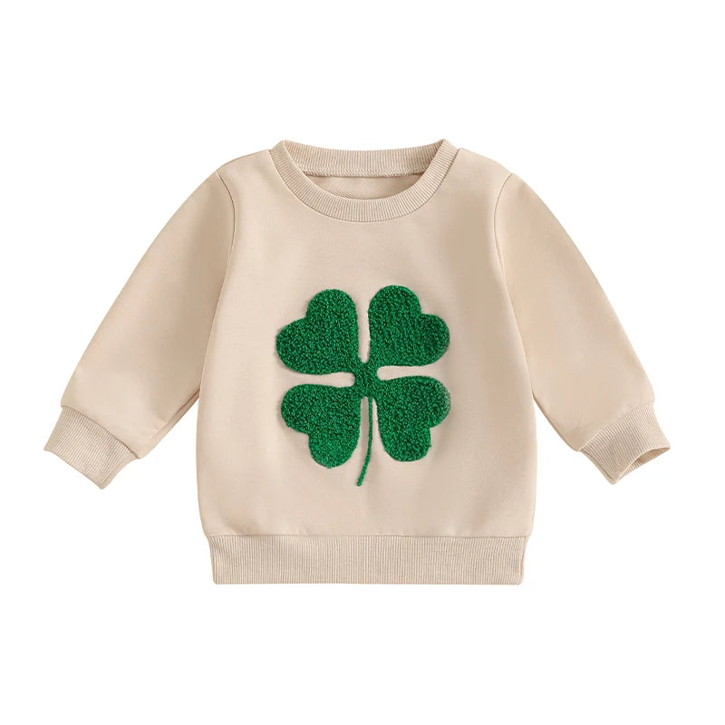 Baby Toddler Girl Boy St. Patrick's Day Casual Four Leaf Clover Shamrock Embroidery Long Sleeve Crewneck Top