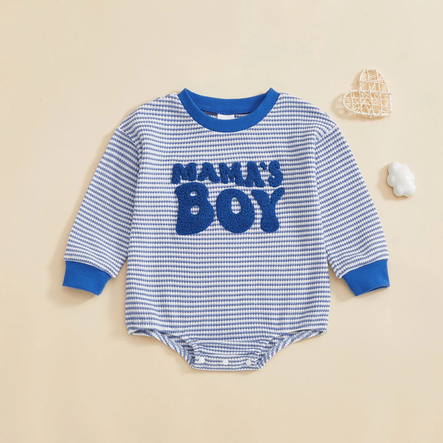 Baby Boy Romper Long Sleeve Crew Neck Striped Embroidery Mama's Boy Letters Fall Bodysuit