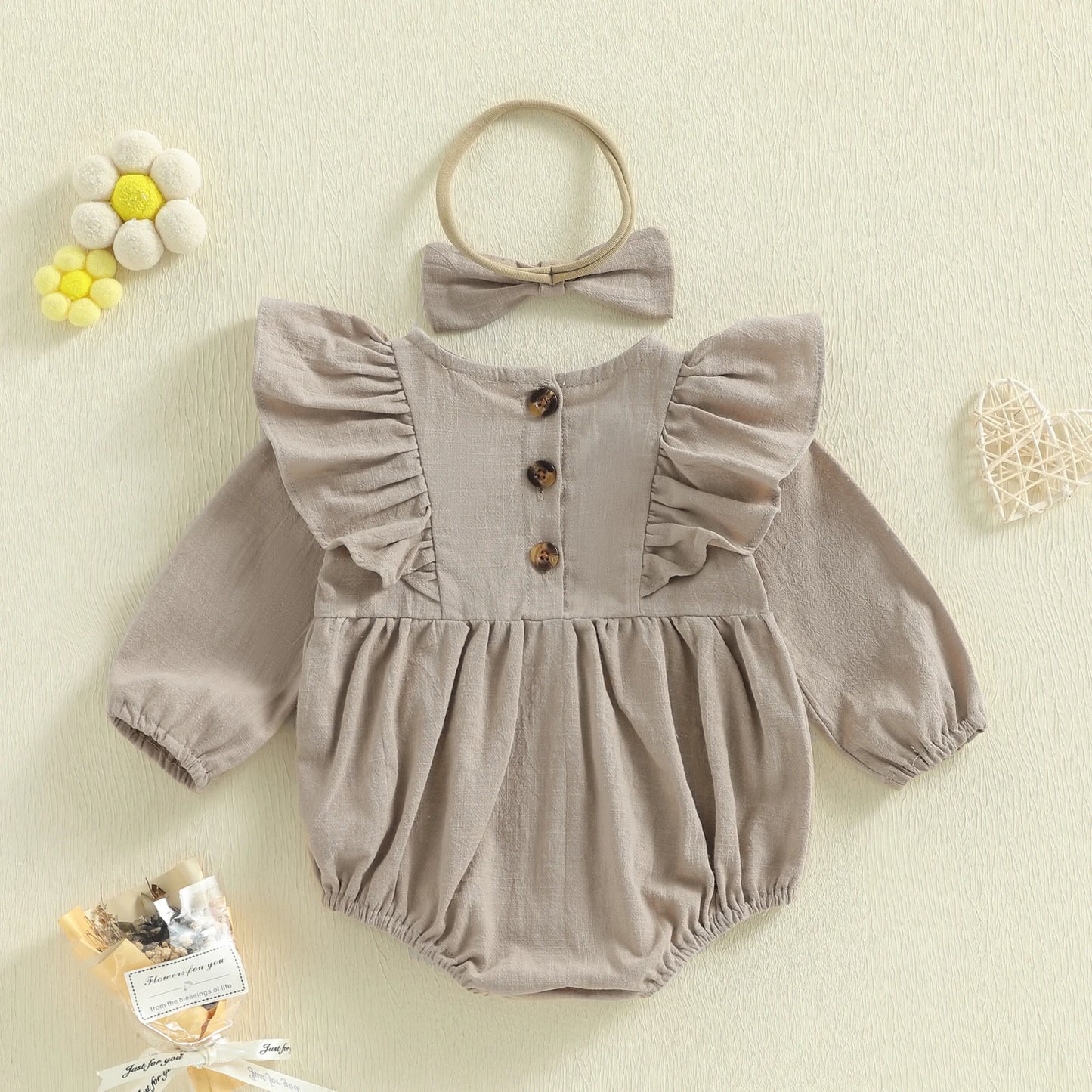 Baby Girl 2Pcs Spring Romper Solid Color Long Sleeves Round Neck Ruffled Bodysuit and Matching Bow Headband Set