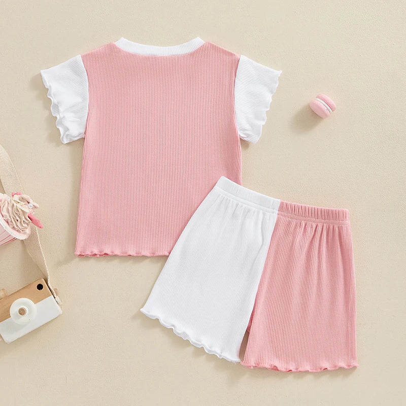 Baby Toddler Girls 2Pcs Contrast Color Short Sleeve Crew Neck Top Frilly Sleeves with Shorts Summer Outfit Set