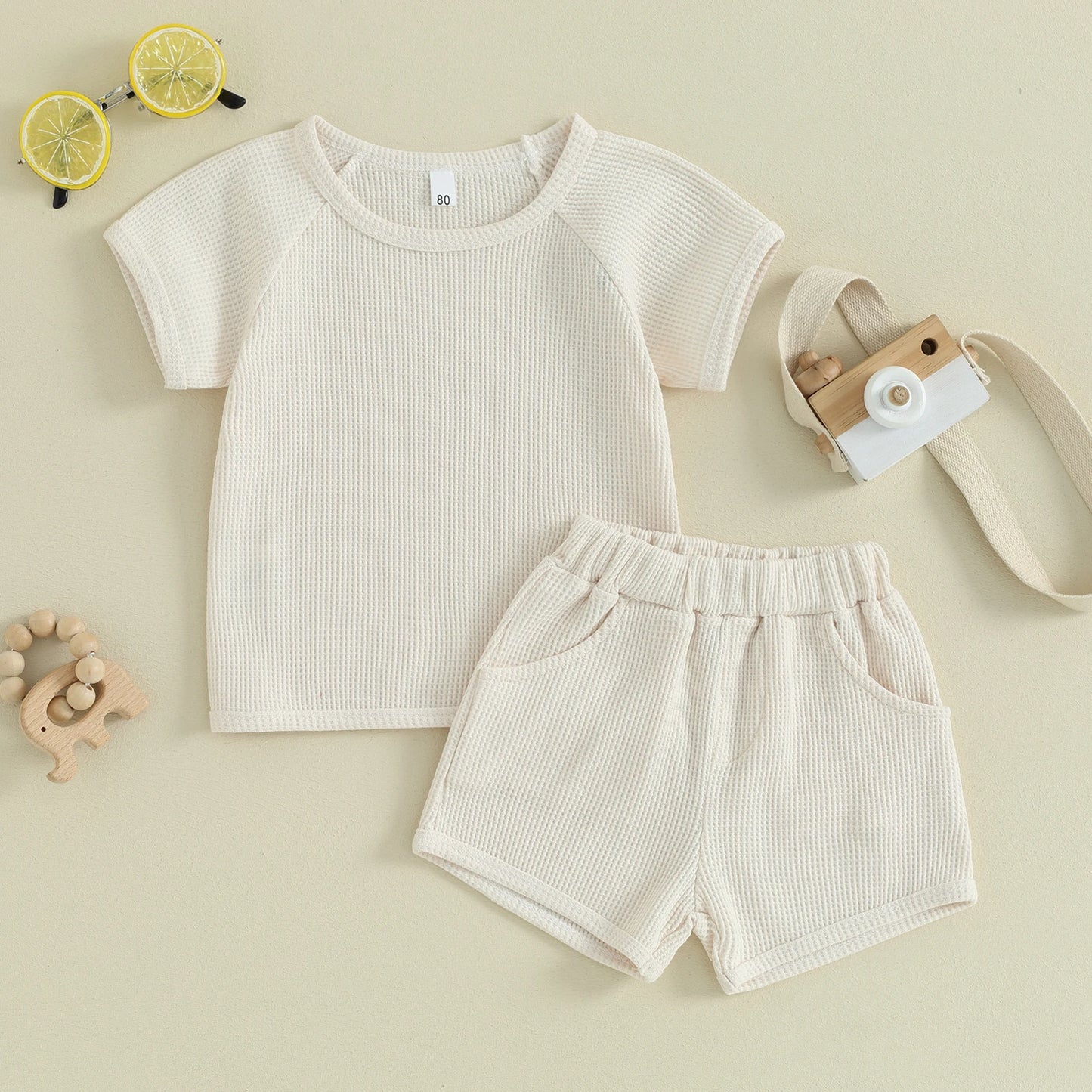 Baby Toddler Kids Boys Girls 2Pcs Set Waffle Solid Short Sleeve Top with Elastic Waist Shorts Summer Outfit