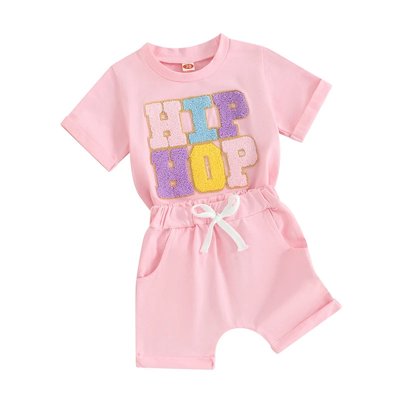 Baby Toddler Boy Girl 2Pcs Easter Set HIP HOP Letter Embroidery Short Sleeve T-Shirt with Solid Color Short Outfit