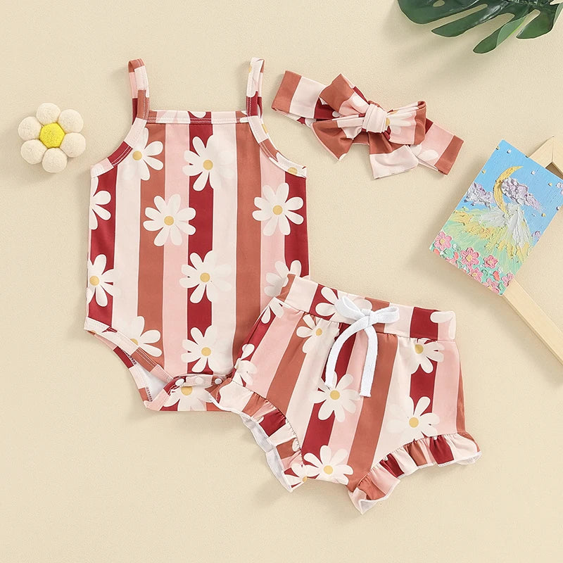 Baby Girls 3Pcs Clothes Set Flower Stipes Print Sleeveless Tank Top Romper with Shorts Bloomers Hairband Summer Outfit