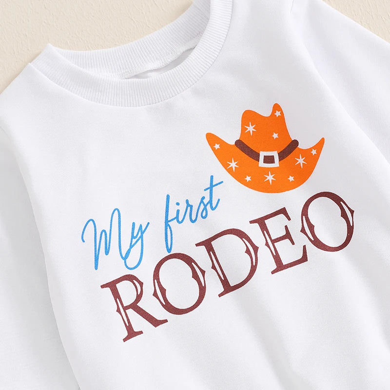 Baby Toddler Boys Girls 2Pcs My First Rodeo Set Cowboy Letter Print Long Sleeve Round Neck Top Pockets Long Pants Outfit