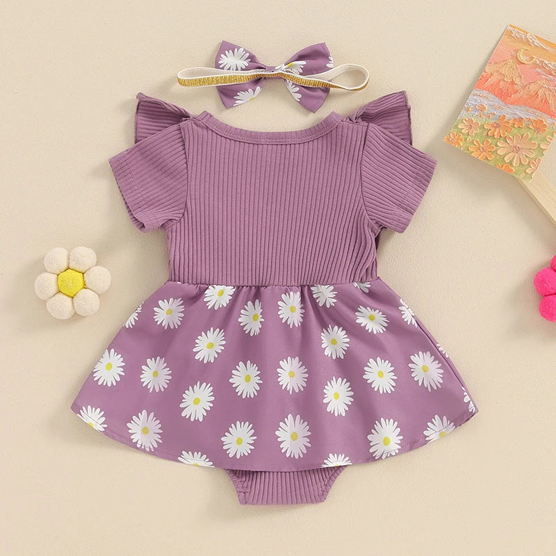 Baby Girl 2Pcs Romper Dress Skirt Daisy Print Short Sleeve Round Neck Jumpsuit Frill Sleeve with Bow Headband