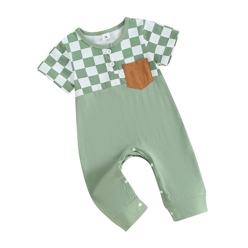 Baby Boys Romper Short Sleeve Crew Neck Checkerboard Print Pocket Casual Jumpsuit