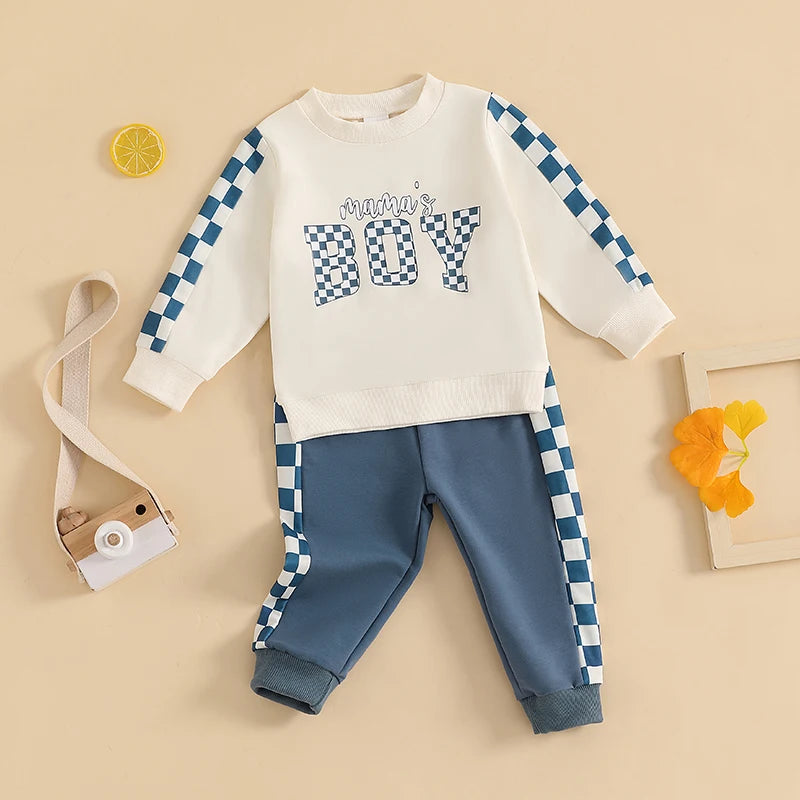 Baby Toddler Boys Girls 2Pcs Mama's Boy / Girl Outfit Checkered Letter Print Long Sleeve Crewneck Top and Elastic Pants Jogger Set