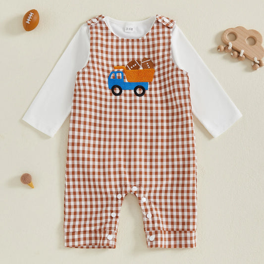 Baby Boy 2Pcs Fall Outfit Crew Neck Long Sleeve Romper and Truck Football Embroidery Plaid Overall Pants Set