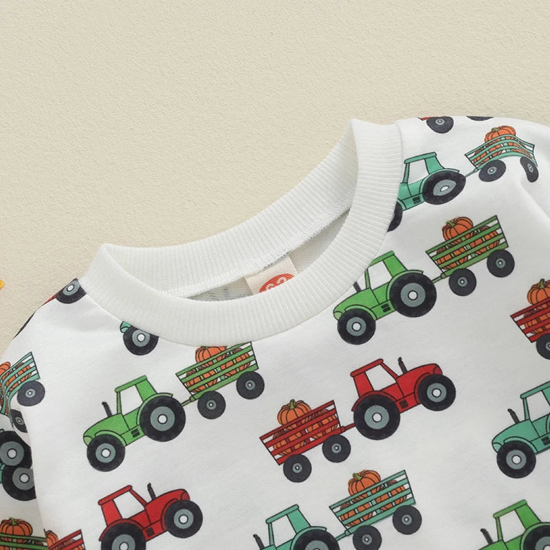 Baby Boys Romper Cartoon Tractor Wagon Pumpkin Print Round Neck Long Sleeve Jumpsuit Fall Bodysuit