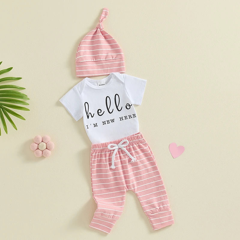 Baby Boy Girl 3Pcs Hello I'm New Here Summer Outfit Letter Print Short Sleeve Romper and Elastic Striped Long Pants and Beanie Hat Set