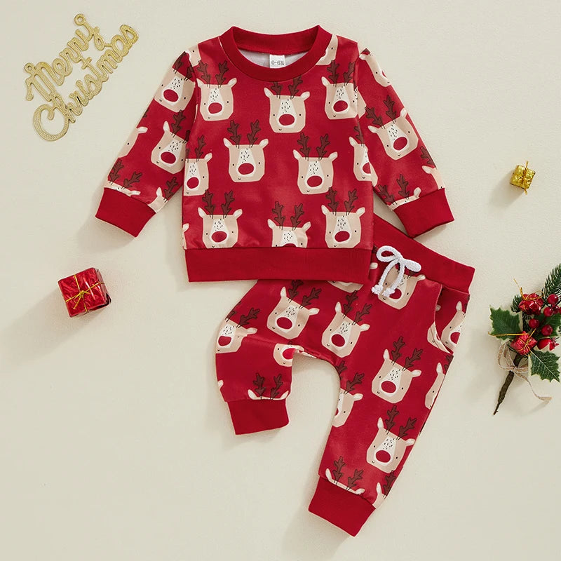 Baby Toddler Boys Girls Christmas Set Cartoon Reindeer Print Long Sleeve Crewneck Top with Elastic Waist Pants Outfit