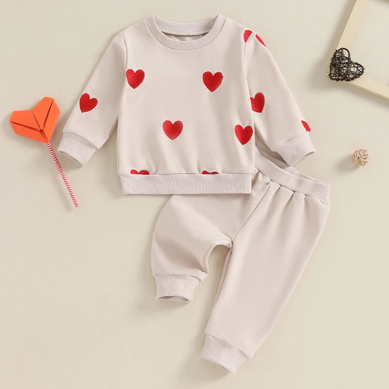 Baby Toddler Kids Girl 2Pcs Valentine's Day Outfits Long Sleeve Pullover Heart Print Top Pants Set Clothes