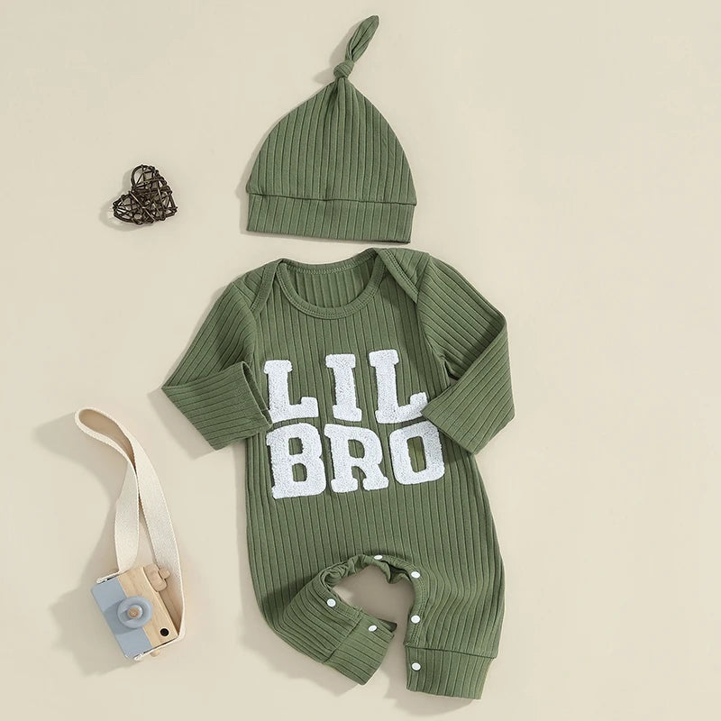 Baby Boy 2Pcs Lil Bro Jumpsuit and Hat Set Long Sleeve Round Neck Letter Print Ribbed Romper with Beanie Outfit