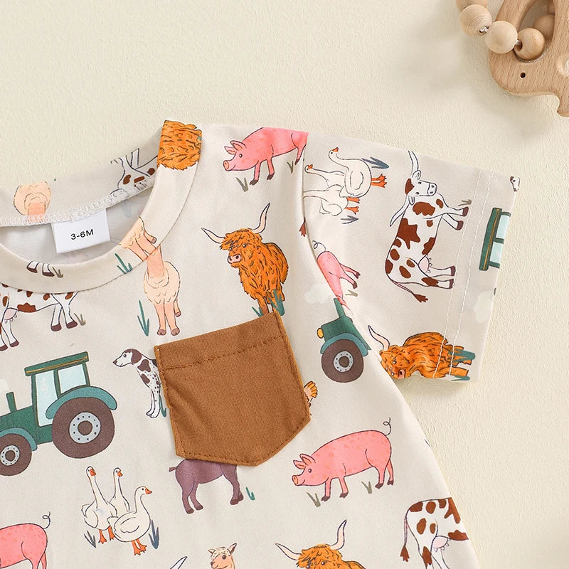 Baby Toddler Boys 2Pcs Farm Outfit Animal Tractor Print Pocket Short Sleeve Top with Elastic Waist Shorts Set