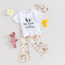 Load image into Gallery viewer, Toddler Baby Girl 3Pcs Easter Outfits Letter Print My First Easter Short Sleeve T-Shirt Top Bunny Bell Bottom Pants Headband Bow Set
