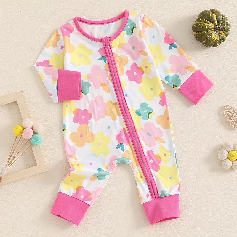 Baby Girls Jumpsuit Long Sleeve Crew Neck Flower Pumpkin Bow Print Zipper Romper