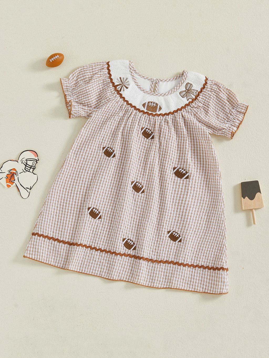 Toddler Kids Girl Dress Loose Fit Football Embroidered Plaid Crew Neck Short Sleeve Dress Summer Fall