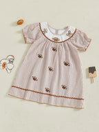 Toddler Kids Girl Dress Loose Fit Football Embroidered Plaid Crew Neck Short Sleeve Dress Summer Fall