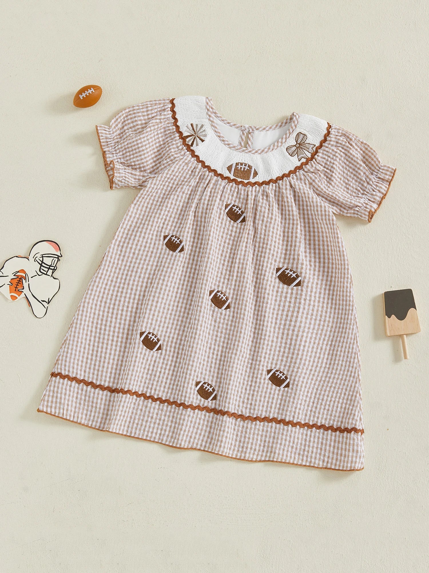 Toddler Kids Girl Dress Loose Fit Football Embroidered Plaid Crew Neck Short Sleeve Dress Summer Fall