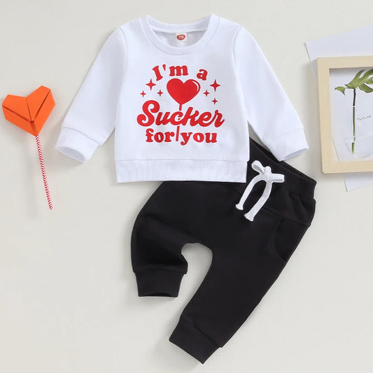 Baby Toddler Boy Girl 2Pcs Valentine's Day I'm A Sucker For You Letter & Heart Print Long Sleeve Pullover Top with Elastic Waist Pants Set Outfit