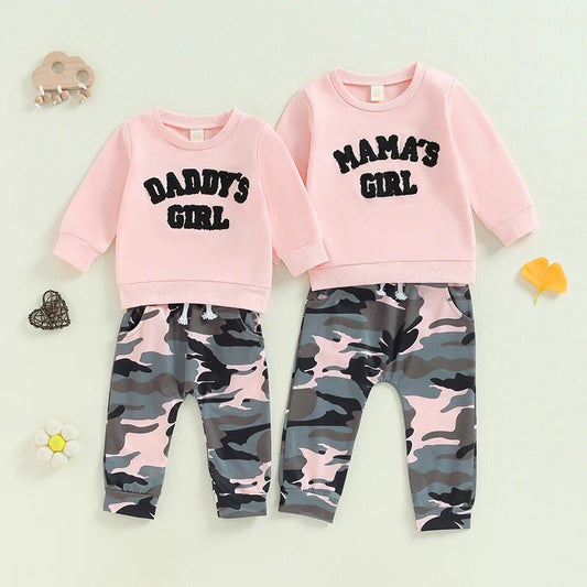 Baby Toddler Girls 2Pcs Mama's / Daddy's Girl Fall Outfit Letter Embroidered Long Sleeve Crew Neck Top and Camouflage Long Pants Set