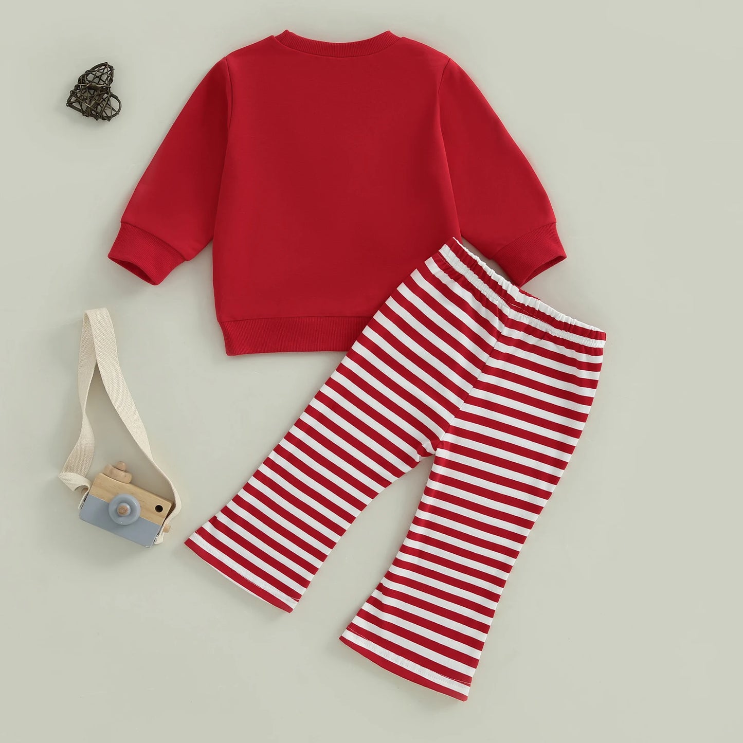 Baby Toddler Girl 2Pcs Christmas Outfit Tree Embroidery Long Sleeve Round Neck Pullover Top Stripe Flare Pants Set